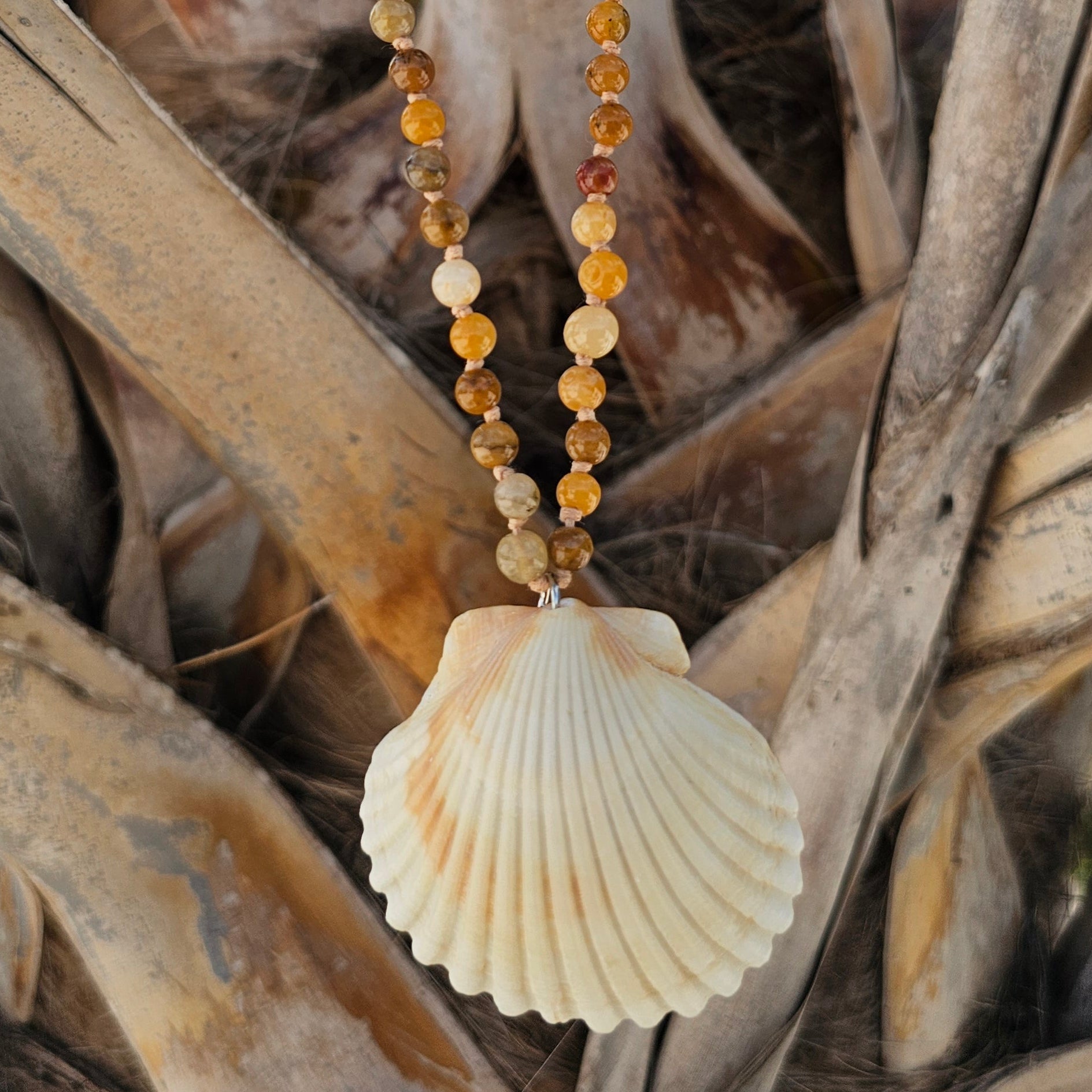 Seashell pendant on a beaded chain against a natural background