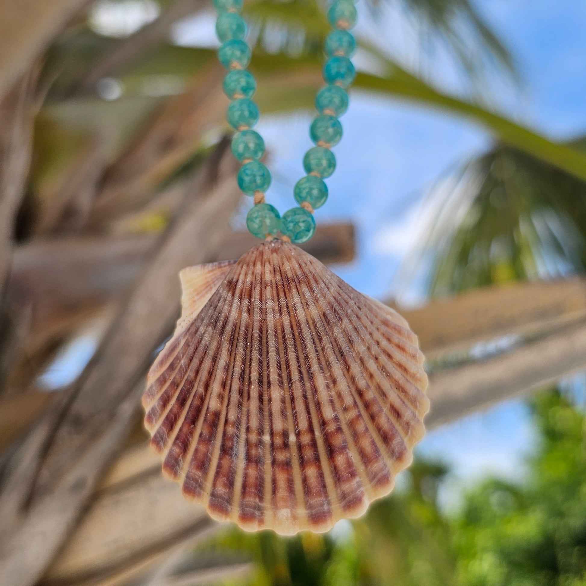 Aqua beaded necklace with scallop shell pendant