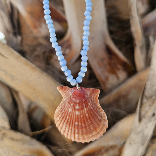Blue cat's eye beaded necklace with orange scallop shell pendant
