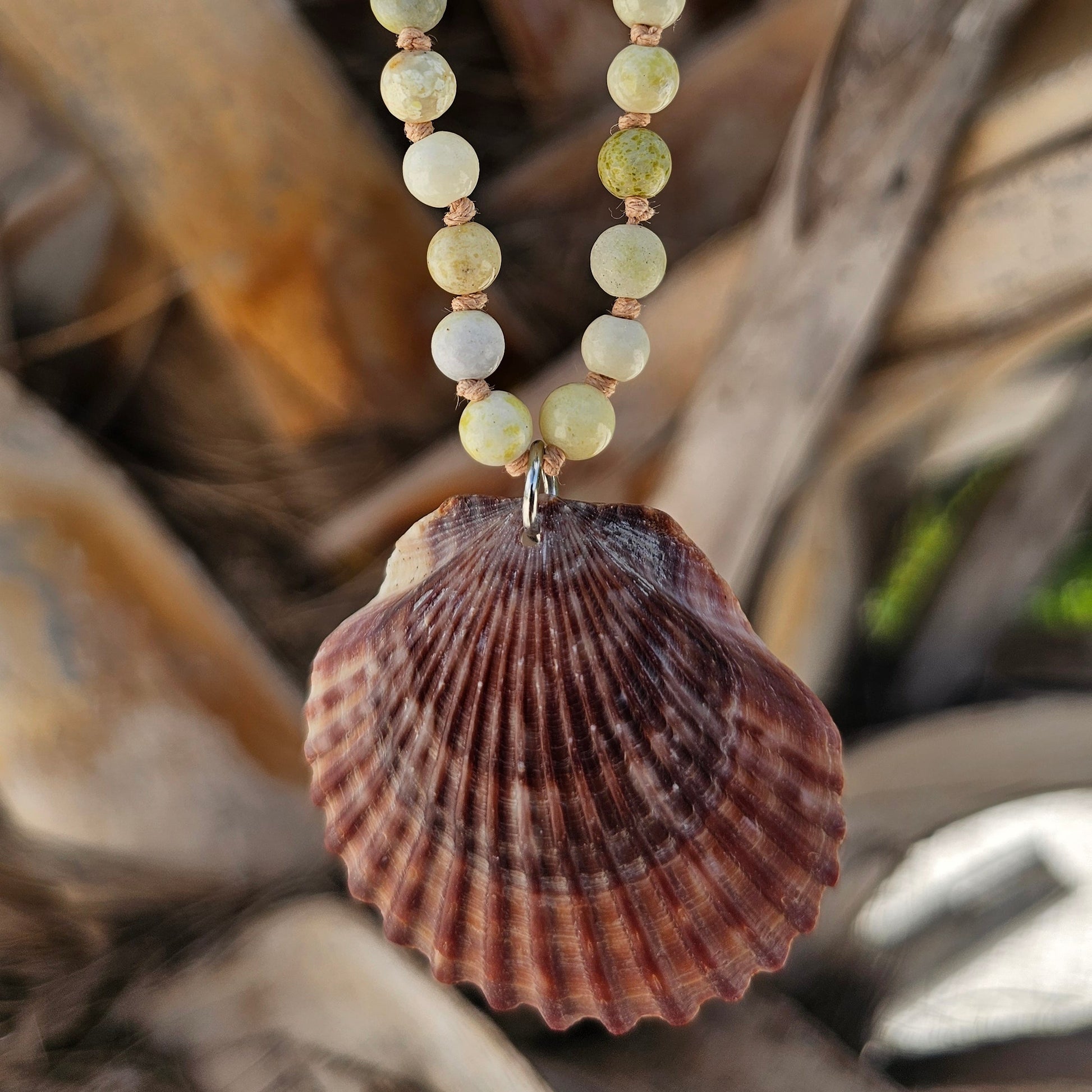 Necklace with shell pendant on a natural background