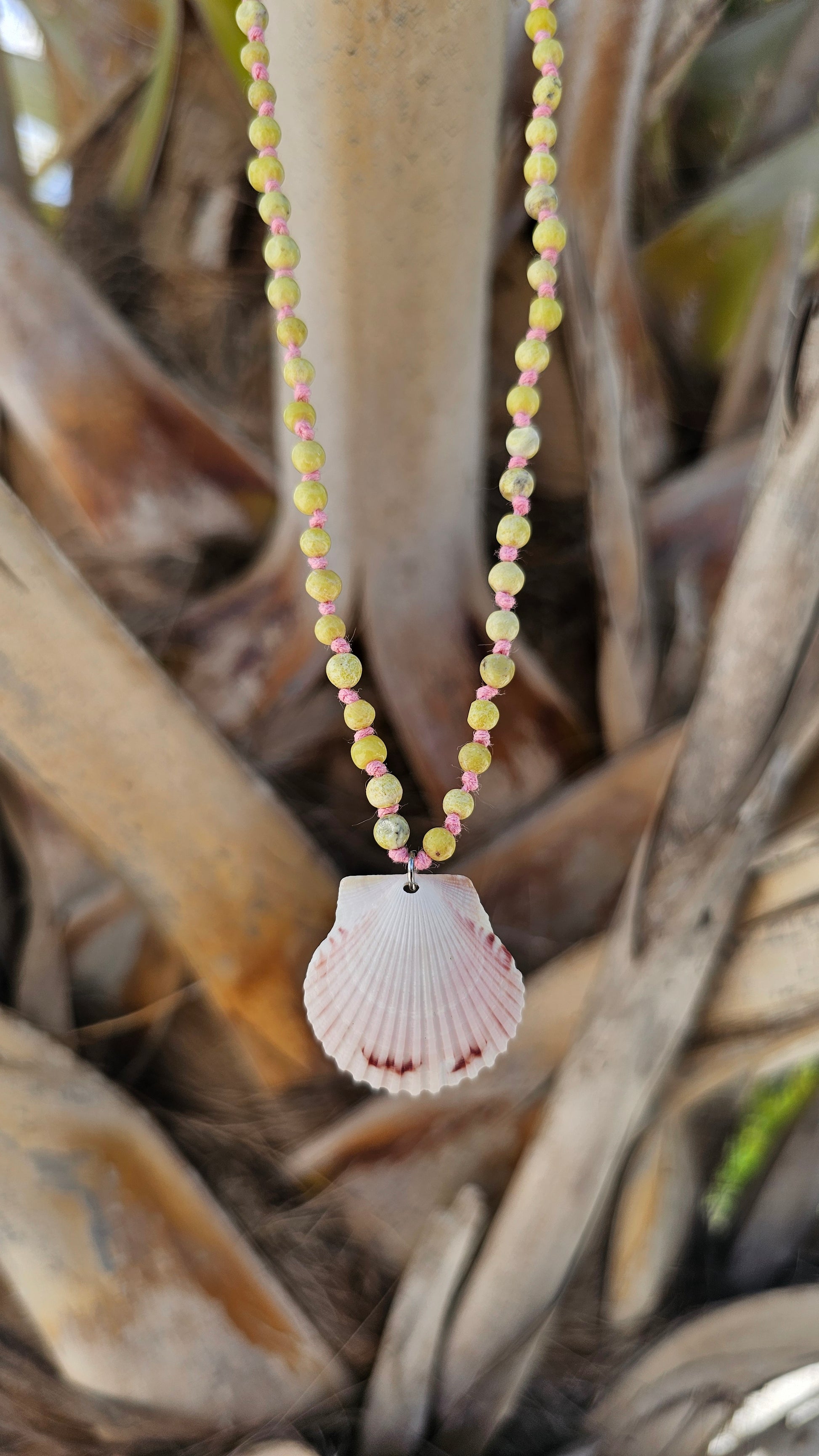 Peridot Jasper and pink hand-knotted necklace with a scallop shell pendant