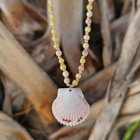 Peridot Jasper and pink hand-knotted necklace with a scallop shell pendant 